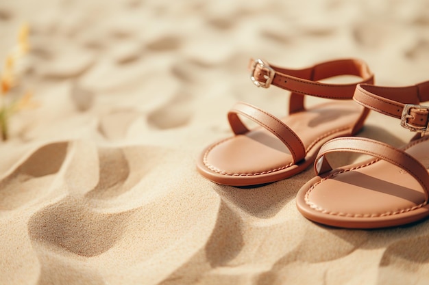 illustration d'une photo réaliste de sandales d'été sur le sable de la plage