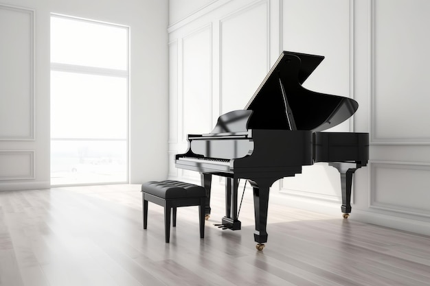 Illustration d'un piano à queue dans une salle blanche avec espace de copie Créé avec la technologie Generative AI
