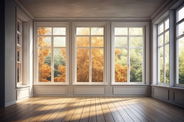 Illustration d'une pièce vide avec plusieurs fenêtres fournissant de la lumière naturelle AI générative