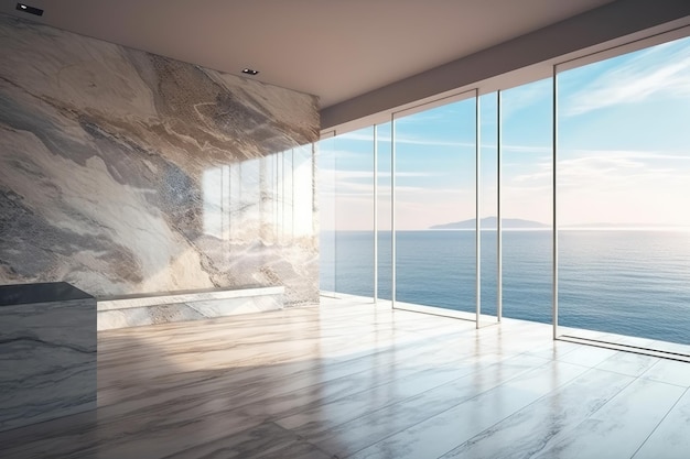 Illustration d'une pièce vide avec une vue pittoresque sur l'océan à travers une grande fenêtre IA générative