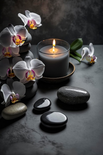 illustration pierres de spa orchidées et bougies sur une table grise ai générative