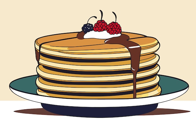 Illustration d'une pile de crêpes au sirop de chocolat et de baies sur une assiette