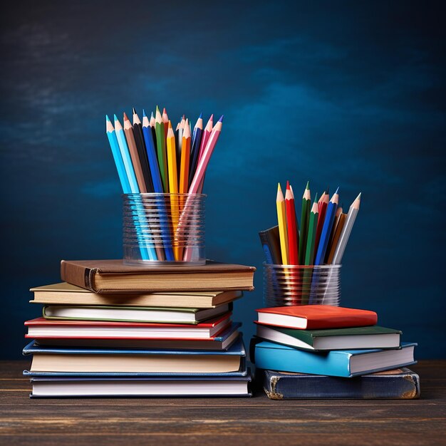 illustration d'une pile de livres et de crayons sur la table de l'école contre