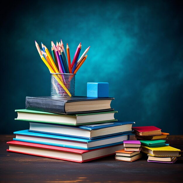 illustration d'une pile de livres et de crayons sur la table de l'école contre