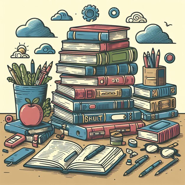 Photo illustration d'une pile de livres dessinée à la main