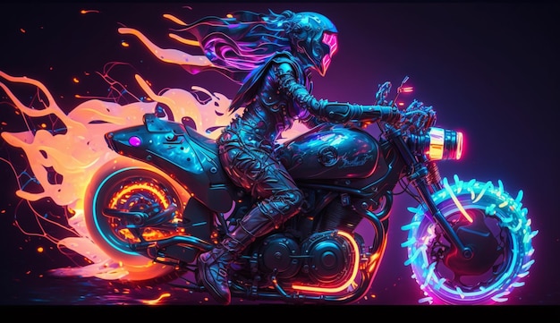 Illustration d'un pilote cyberpunk sur un futur vélo ou croiseur avec un néon vif et brillant