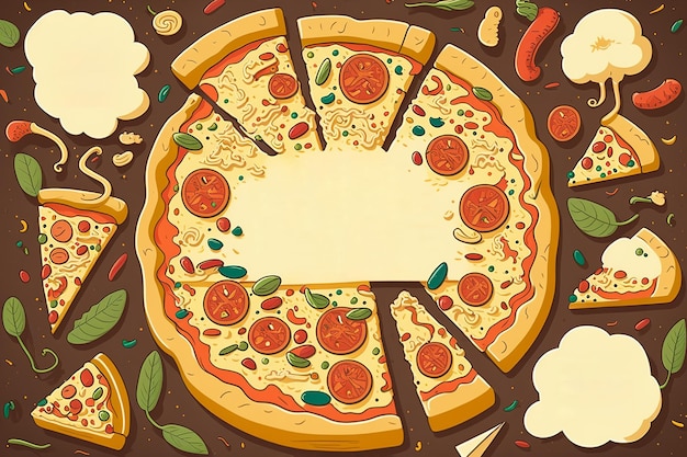 Illustration d'une pizza avec diverses garnitures avec espace de copie au milieu de l'ai générative