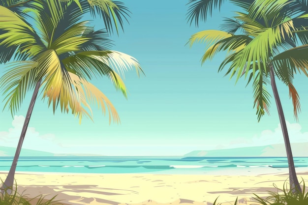 illustration de plage de paradis dans un style plat avec un rivage de sable et des palmiers
