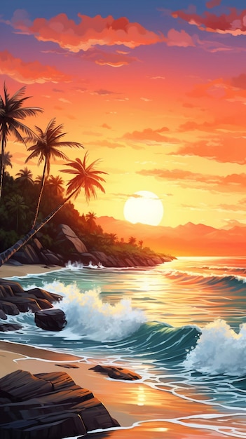 Illustration d'une plage tropicale au coucher du soleil