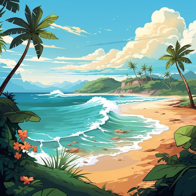 illustration d'une plage tropicale avec des palmiers et un océan bleu ai génératif