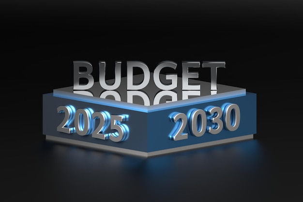 Illustration de planification financière d'entreprise avec mot de budget important sur piédestal et chiffres des années 2025 et 2030 en couleurs bleu noir