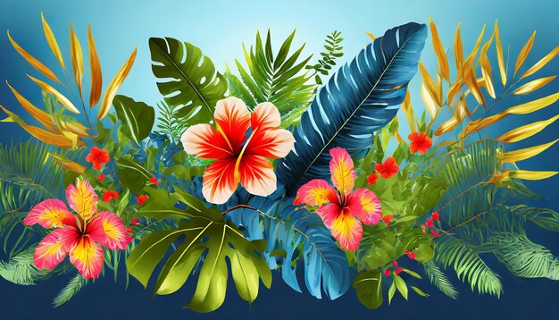 Illustration avec des plantes et des fleurs tropicales