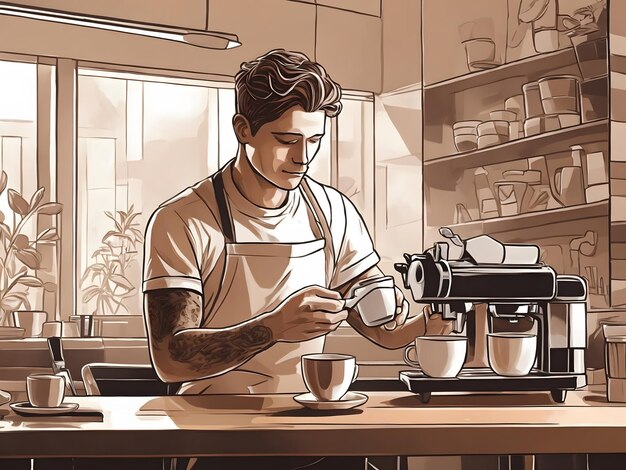 Illustration plate un barista masculin faisant du café