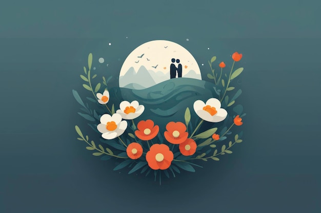 Illustration plate d'un couple debout sur une colline avec des fleurs