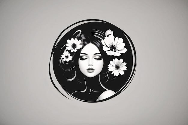 Illustration plate de femme noire et blanche dans un cercle portrait de logo avec élément botanique de fleur