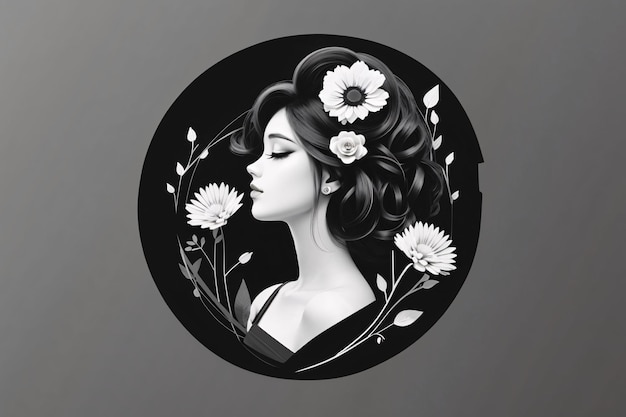 Illustration plate de femme noire et blanche dans un cercle portrait de logo avec élément botanique de fleur