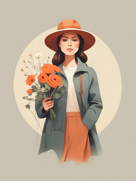 Une illustration plate d'une fille portant un chapeau et tenant des fleurs