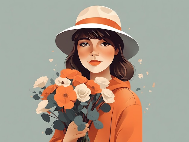 Photo une illustration plate d'une fille portant un chapeau et tenant des fleurs