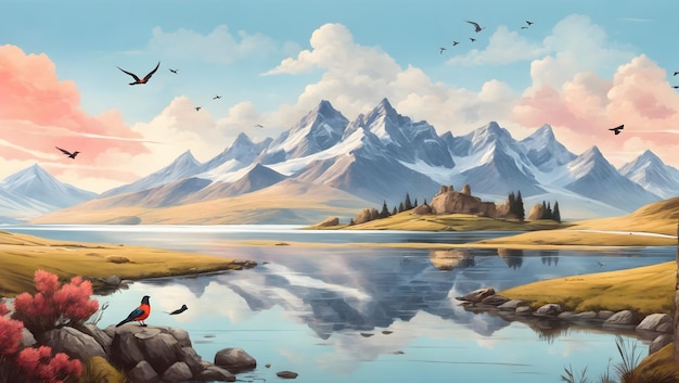 illustration plate Lac de paysage de montagne dans les hautes terres Oiseaux d'arbres de montagne