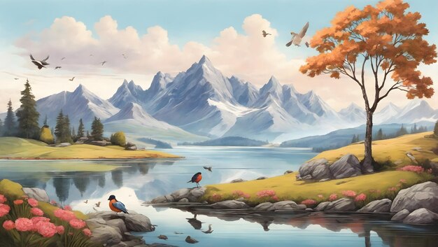 illustration plate Lac de paysage de montagne dans les hautes terres Oiseaux d'arbres de montagne