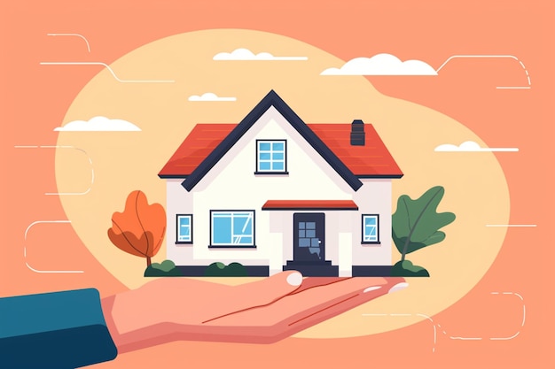 Photo illustration plate main humaine tenant une maquette d'une maison sur un fond de pêche concept d'investissement immobilier hypothèque sur une maison achat et construction de logement prêt hypothécaire