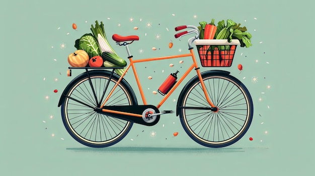 Illustration plate minimaliste d'un vélo avec un panier de légumes frais
