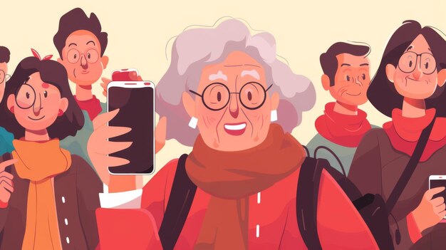 Photo cette illustration plate montre une femme âgée prenant un selfie pour son partenaire avec un smartphone lors d'une visite de groupe