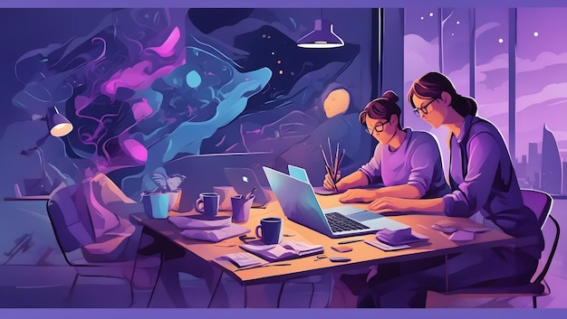 Illustration plate de personnes travaillant sur un ordinateur portable avec des outils de peinture et d'écriture