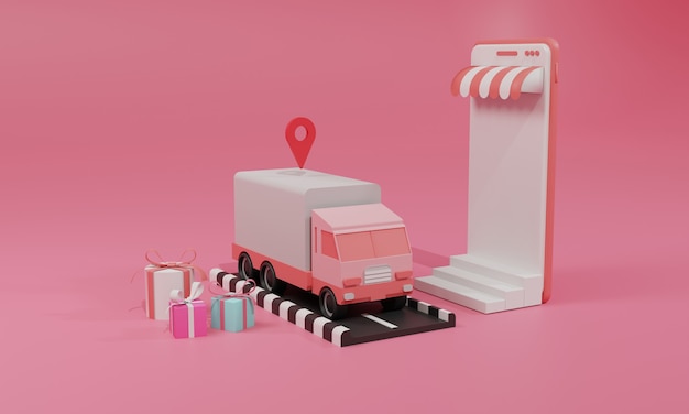 Illustration plate de rendu 3D Boutique en ligne sur application mobile et expédition de fret par camion de smartphone. Illustration premium