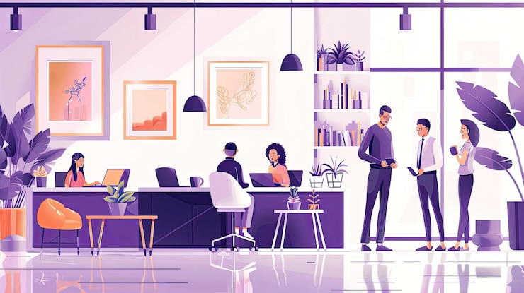 Photo illustration plate d'une réunion de bureau dans le style corporatif de memphis en violet foncé avec des accents de pêche blanc