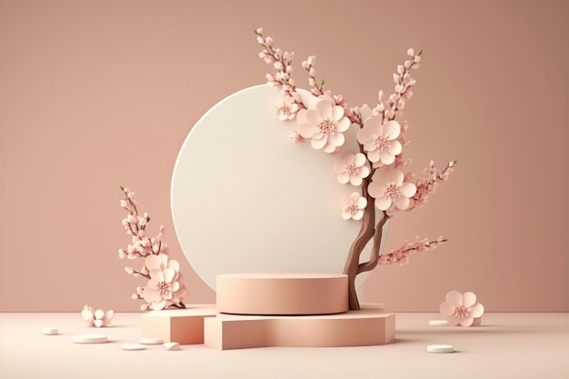 Illustration d'un podium d'affichage rose avec des arbres de sakura Génération AI