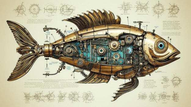 Photo illustration poisson steampunk vieux papier affiche look