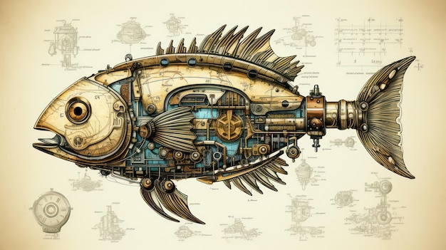 Photo illustration poisson steampunk vieux papier affiche look