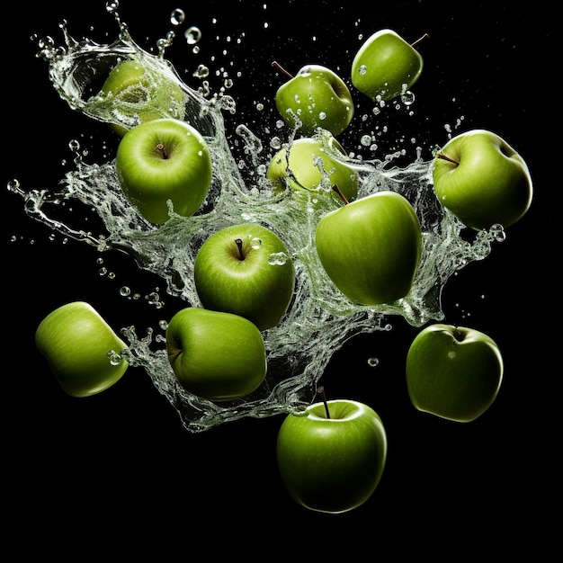 illustration de pommes vertes tombant d'un fond noir