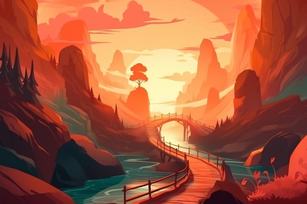 Illustration d'un pont traversant une rivière dans un canyon ai génératif