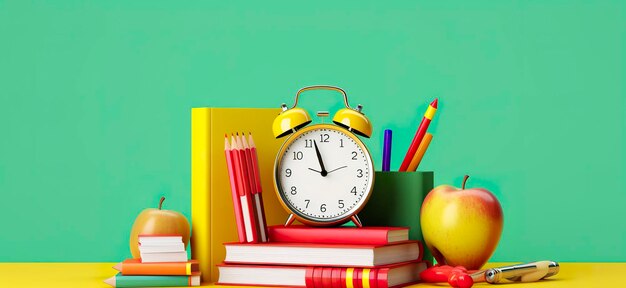 Illustration pop art d'accessoires scolaires avec des livres de pommes et un réveil sur le fond de l'école Concept de retour à l'école Rendu 3D AI Génératif