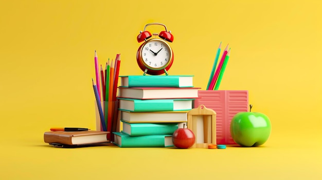 Illustration pop art d'accessoires scolaires avec des livres de pommes et un réveil sur le fond de l'école Concept de retour à l'école Rendu 3D AI Génératif