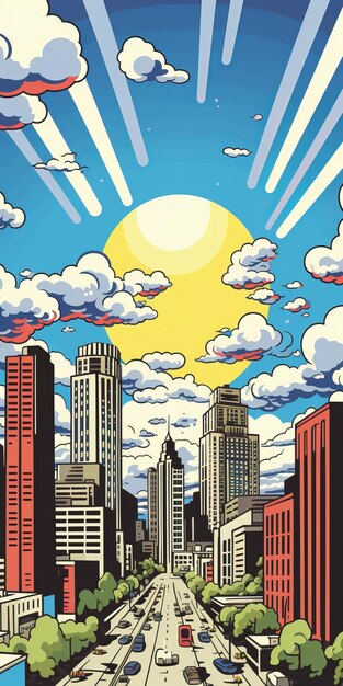 Illustration Pop Art du paysage urbain de Détroit avec le ciel ensoleillé