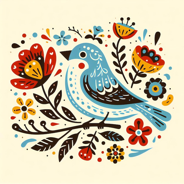Illustration populaire simple d'un oiseau bleu avec des fleurs rouges et jaunes