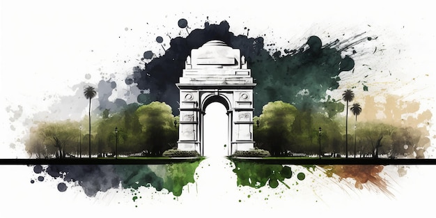 illustration de la porte de l'Inde à New Delhi sur fond tricolore de drapeau abstrait généré par l'IA
