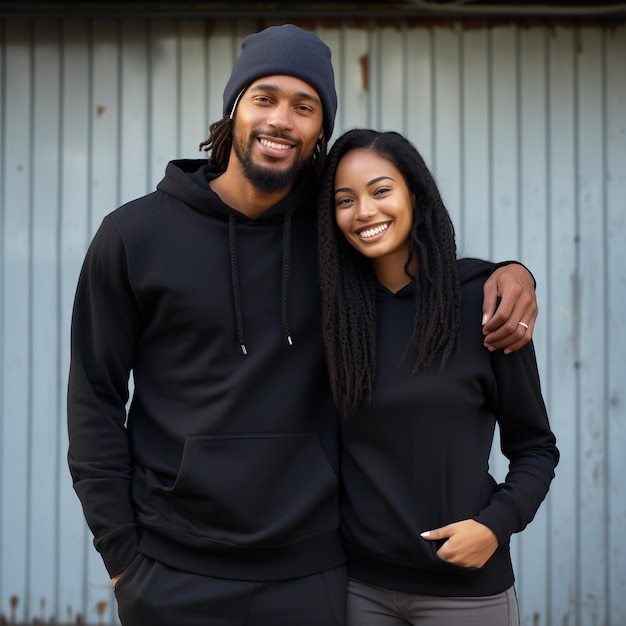 Illustration d'un portrait de couple de mode avec une maquette de sweat à capuche simple créée comme une œuvre d'art générative utilisant l'IA