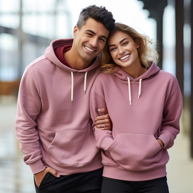 Illustration d'un portrait de couple de mode avec une maquette de sweat à capuche simple créée comme une œuvre d'art générative utilisant l'IA