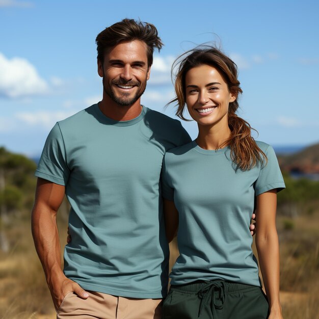 Illustration d'un portrait de couple à la mode avec une maquette de t-shirt ordinaire générée par l'IA