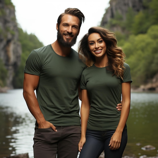 Illustration d'un portrait de couple à la mode avec une maquette de t-shirt ordinaire générée par l'IA