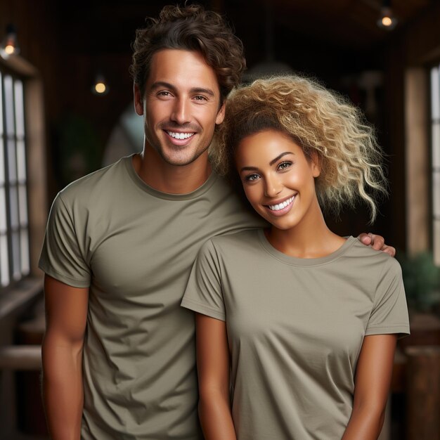 Illustration d'un portrait de couple à la mode avec une maquette de t-shirt ordinaire générée par l'IA