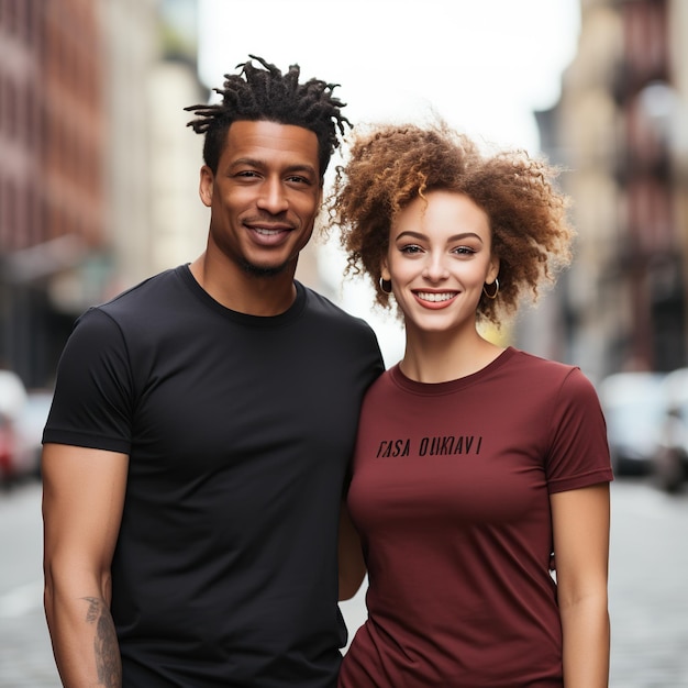 Illustration d'un portrait de couple à la mode avec une maquette de t-shirt ordinaire générée par l'IA