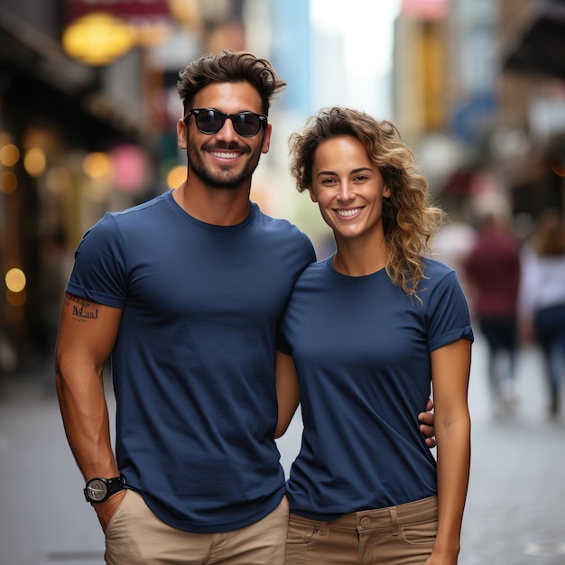 Illustration d'un portrait de couple à la mode avec une maquette de t-shirt ordinaire générée par l'IA