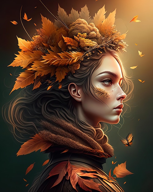 illustration de portrait de femme avec des feuilles d'automne et des tons orange