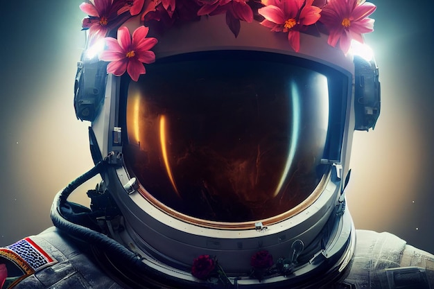 Illustration de portrait de film épique cinématique d'un astronaute avec des fleurs à l'intérieur du casque Exploration conceptuelle de la galaxieHomme du futur jeu vidéo ou filmAI Neural Network Computer Generated Art