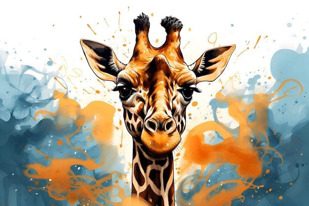 Illustration de portrait de girafe en couleurs pastel sur fond clair Décoration intérieure Illustration de girafe avec éclaboussures de peinture Peinture d'animaux Illustration de museau de girafe colorée Aquarelle